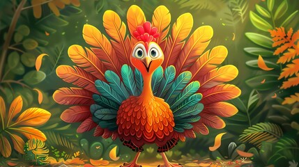 Cartoon turkey in vibrant autumn foliage.
