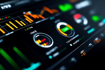 Data visualization with graphs and metrics on a screen.