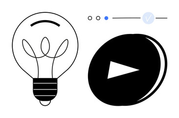 Light bulb and play button with progress indicators. Ideal for creativity, innovation, media, startups, design technology education. Line metaphor. Simple line icons