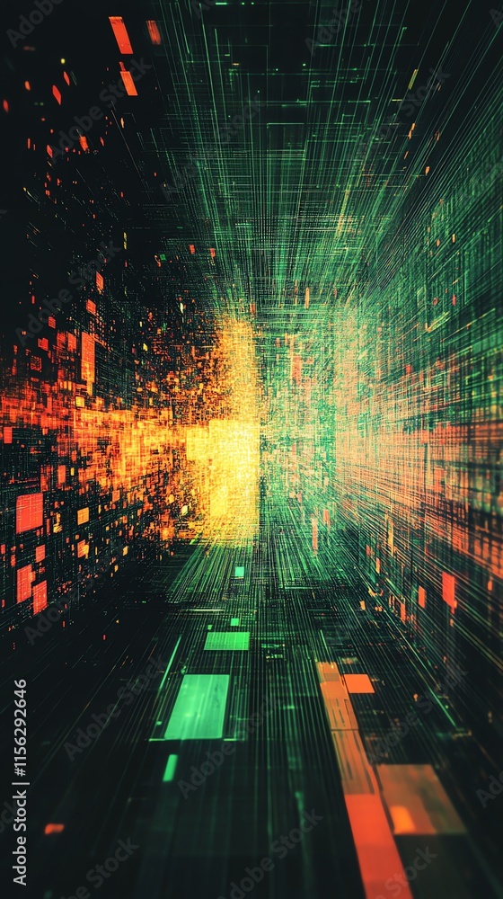 Aufkleber Abstract digital landscape with vibrant colors and dynamic lines suggesting movement and technology.