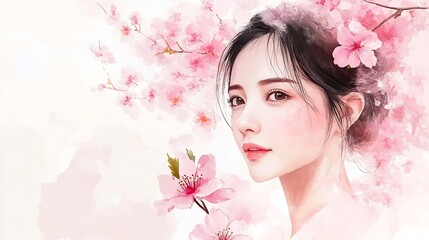 Fototapeta premium Cherry blossom with pink sakura flower vector. cherry blossom flower blooming vector. cherry blossom branch with sakura flower.:Generative AI