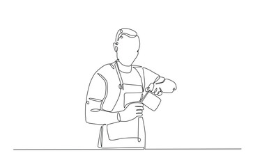Barista making coffee continuous one line drawing. Barista preparing cofffee in single line art illustration. Editable vector.