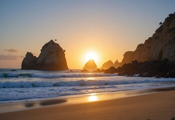 Sunset Over Ocean Cliffs And Sandy Beach