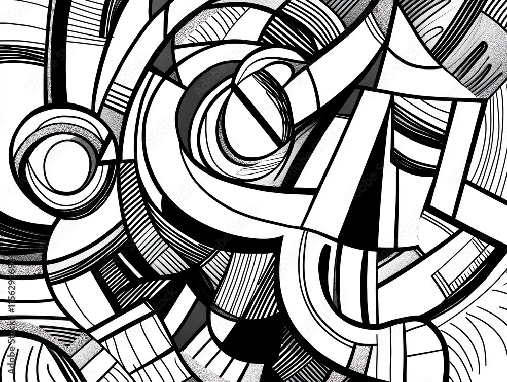 Poster Abstract black and white design featuring intricate lines and curves.