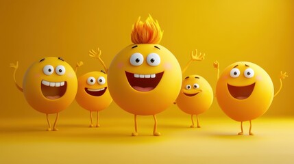 Cheerful Yellow Emojis Group Joyful Celebration  3D Render Illustration