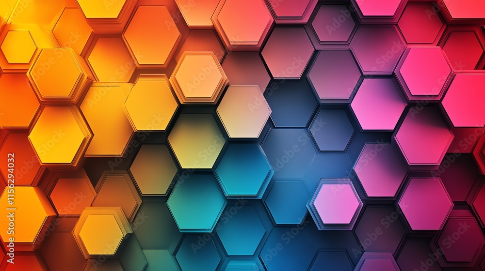 Poster A vibrant hexagonal pattern in warm and cool colors, creating a modern graphic design.