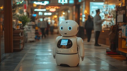 A friendly robot stands in a shopping mall, assisting visitors with information.