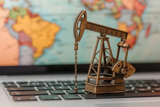 Miniature oil pumpjack on a laptop keyboard with a blurred world map background. - Powered by Adobe