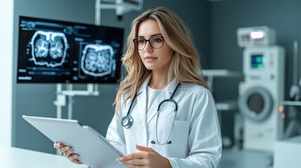 Professional Woman in White Lab Coat Engaged in Research While Holding Tablet in Modern Laboratory Environment Conveying Innovation and Expertise