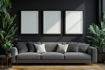Stylish modern interior with gray sofa, three empty picture frames on black wall, lush greenery, and warm wooden flooring, perfect for home decoration concept