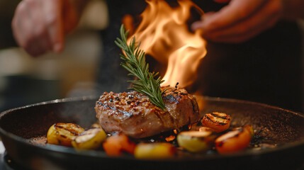 Fototapeta premium Cooking steak with flames and fresh herbs in a bustling kitchen. 