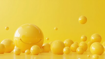 Joyful Yellow Smiley Face Amidst Floating Spheres: A 3D Rendered Image of Happiness and Positive Vibes