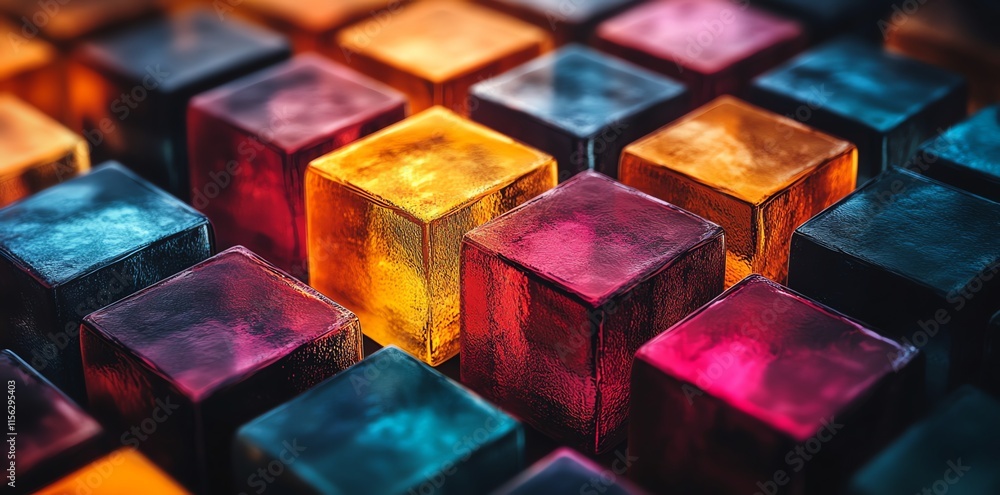 Poster A close-up of colorful translucent cubes arranged in a visually appealing pattern.