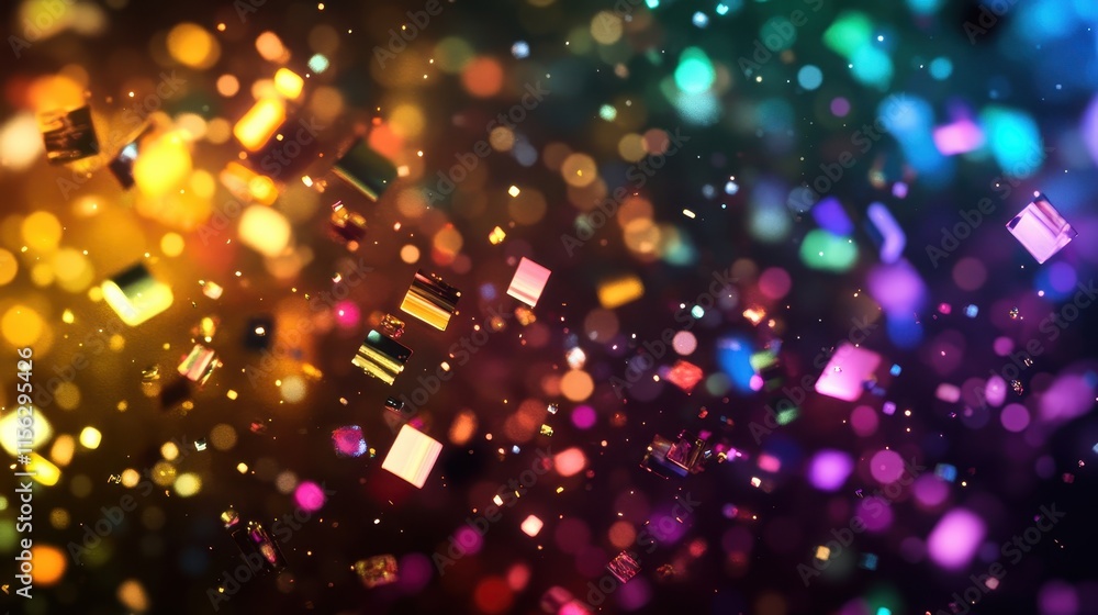 Poster vibrant rainbow confetti explosion abstract festive background with glittering particles and bokeh l