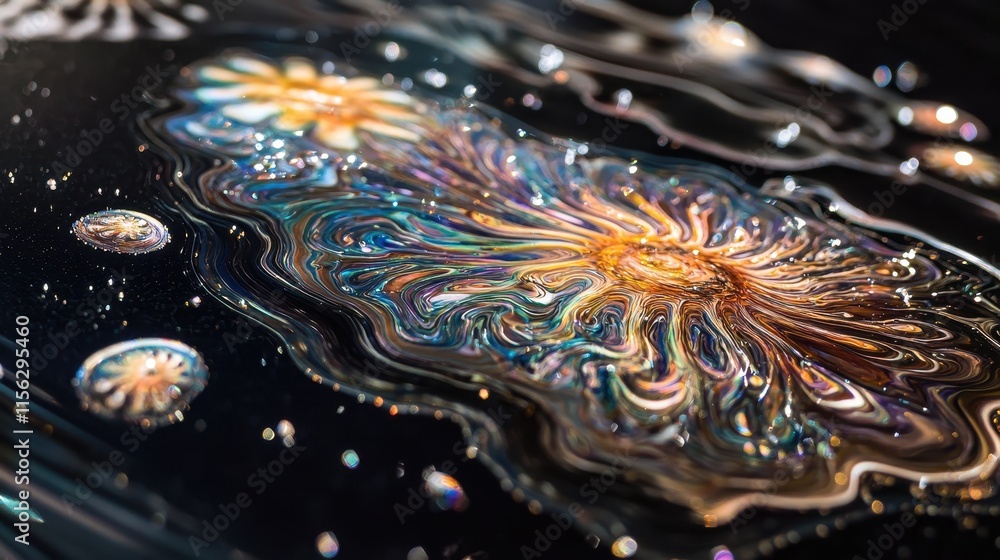 Poster abstract macro photograph of vibrant swirling liquid colors with bokeh lights and bubbles - iridesce
