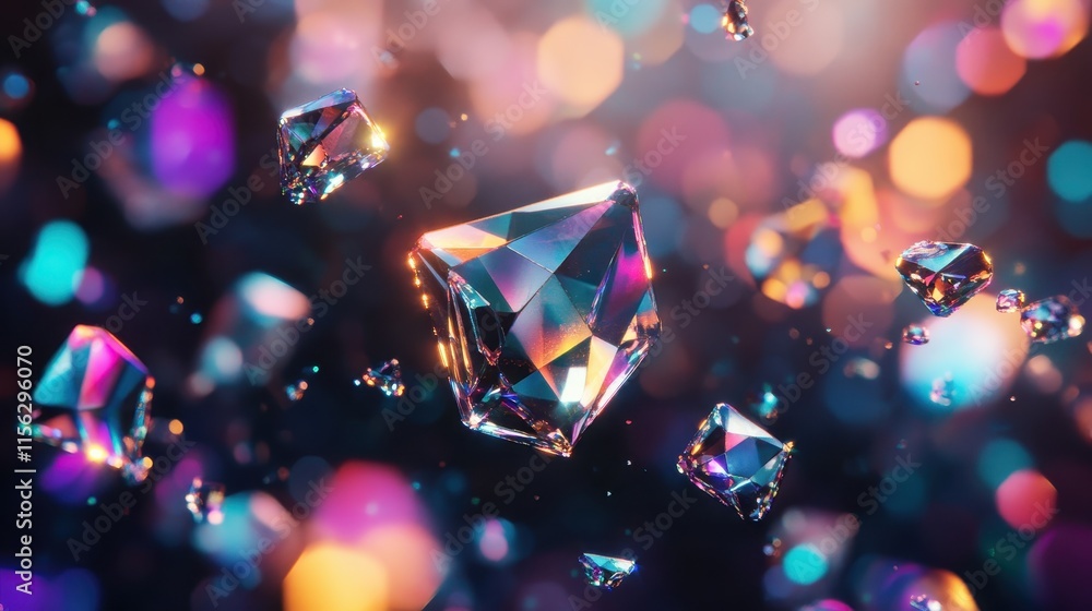 Poster vibrant iridescent crystals floating in a bokeh background abstract 3d render of gemstones with colo
