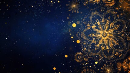 Luxurious Gold and Blue Celestial Mandala Design Abstract Festive Background with Fireworks and...