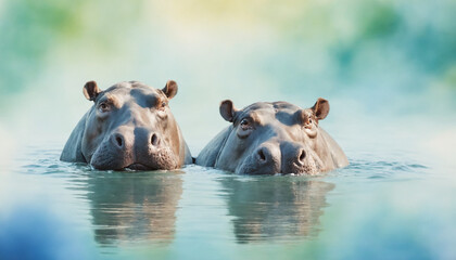 Fototapeta premium Two hippos emerging, serene expression, tranquil water background, wildlife photography