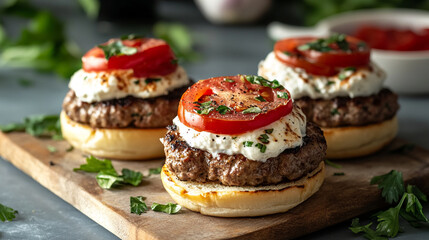 Juicy grilled burgers topped with fresh tomatoes and herbs on a wooden board. 