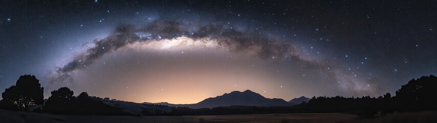 Naklejka premium Majestic Milky Way Arching Over Silhouetted Mountains and Trees at Night - Astrophotography Landscape