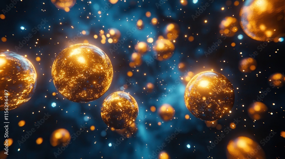 Poster luminous golden spheres floating in a dark blue nebula abstract 3d render of sparkling celestial bod