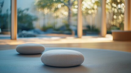 Two serene meditation cushions on a mat in a tranquil modern space with garden view.