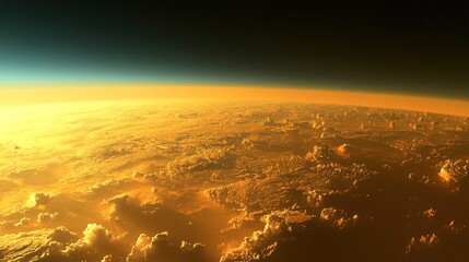 Golden sunset over alien planet's fiery cloudscape.