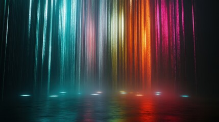 Abstract Neon Rain Vibrant Multicolored Light Streaks Falling onto Reflective Surface, Futuristic Digital Art Background