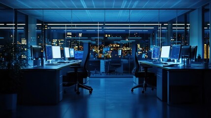 Night view of empty modern office with computers.