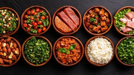 A Vibrant Array of Diverse Foods Served in Rustic Wooden Bowls Showcasing Colors Textures and Fresh Ingredients for a Wholesome Dining Experience