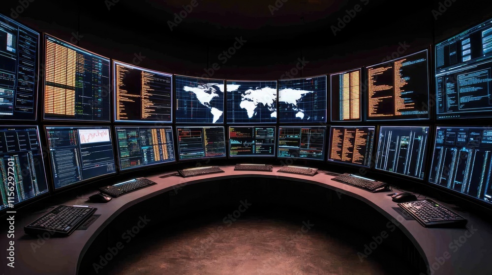Aufkleber Operation center idea. High-tech control room with multiple data screens and global map for monitoring.
