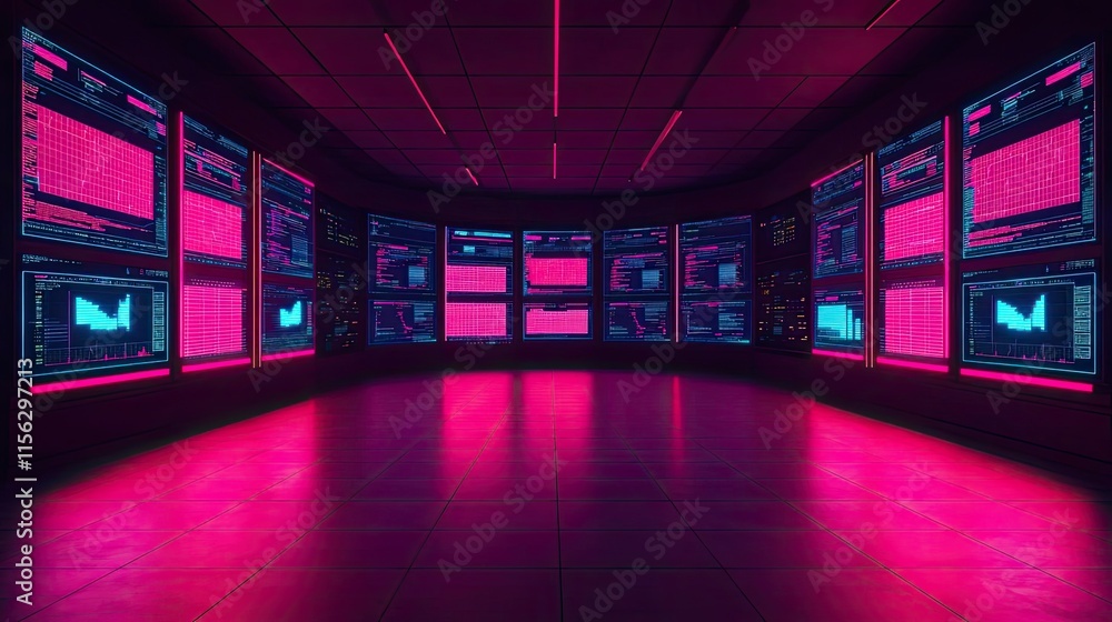Poster Operation center idea. Futuristic control room showcasing vibrant screens and data visualizations.