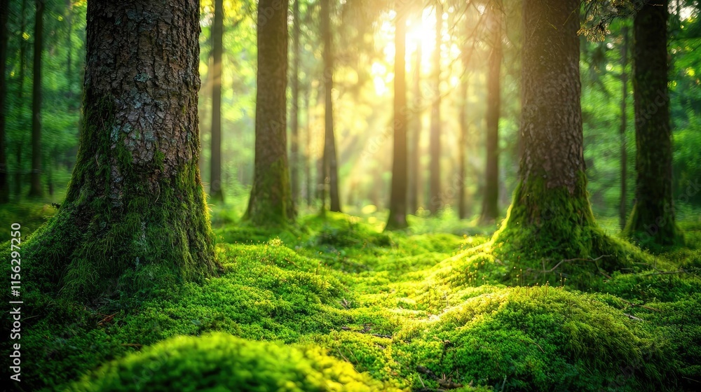 Poster moss forest concept. serene forest scene with sunlight filtering through lush green trees and mossy 