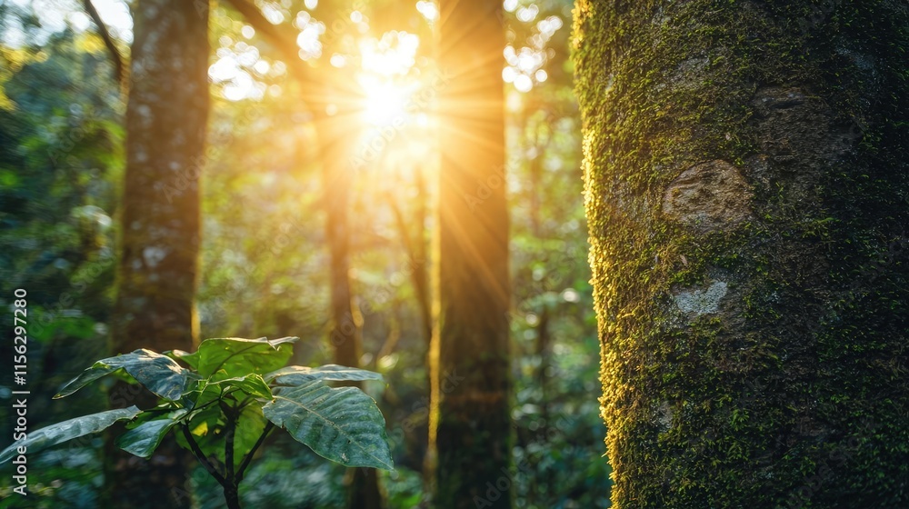 Poster Moss forest concept. Sunlight filters through trees, creating a serene and calming forest atmosphere.