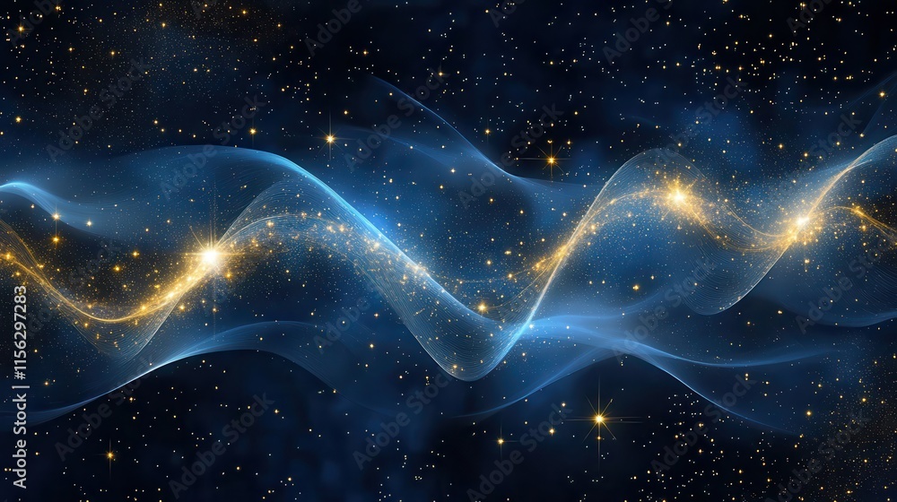 Poster celestial wave abstract background of sparkling golden dust and blue nebula waves in deep space