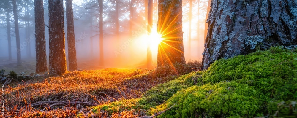 Poster moss forest concept. a serene forest scene with sunlight breaking through misty trees and vibrant mo