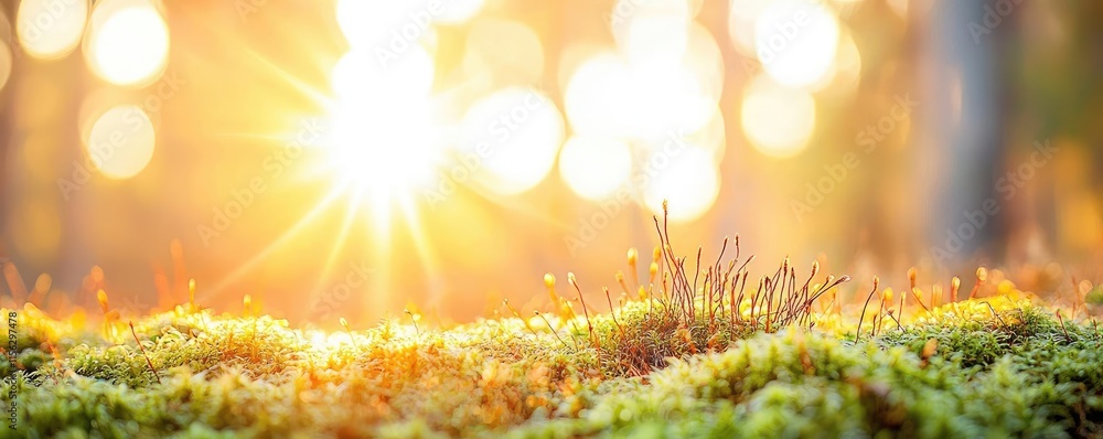 Poster moss forest concept. sunlight filtering through trees casts a warm glow over lush green moss in the 