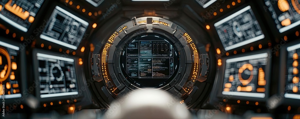 Poster Operation center idea. Futuristic cockpit view showcasing advanced control panels and displays.