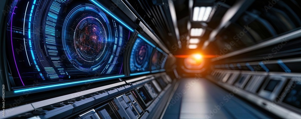 Poster operation center idea. futuristic tunnel with glowing panels and a vibrant sunset in the background.