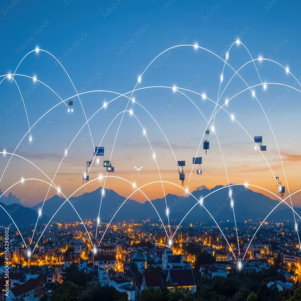 Aufkleber urban nightscape with technology connectivity and data visualization