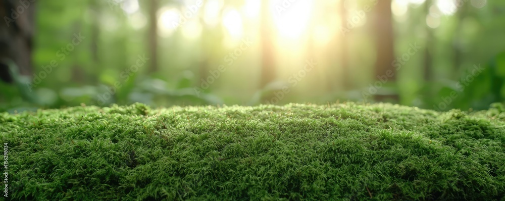 Poster Moss forest concept. Sunlight filters through trees, illuminating lush green moss in a serene forest setting.