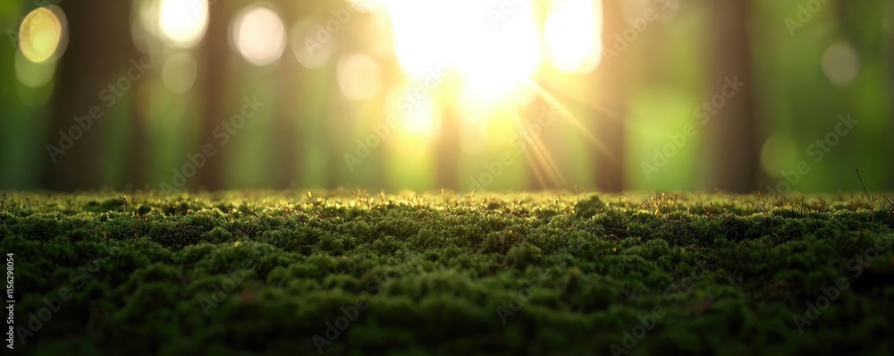 Poster moss forest concept. sunlight filtering through trees onto a mossy forest floor, creating a serene a