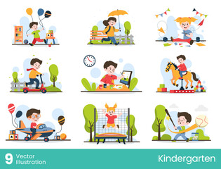 Kids playing outdoors having fun with stylish vector illustration