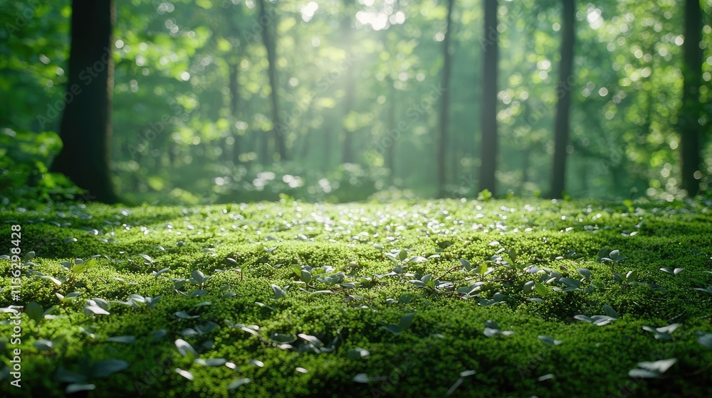 Poster moss forest concept. a serene forest scene with lush green moss and gentle sunlight filtering throug