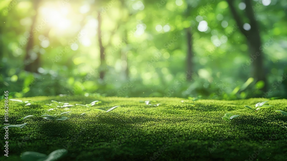 Poster moss forest concept. lush green moss covering the forest floor with soft sunlight filtering through 
