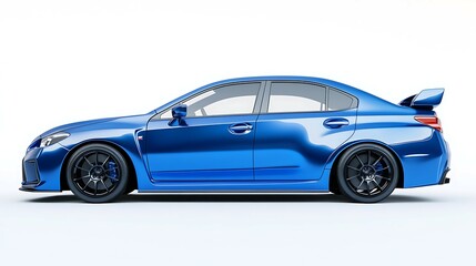 Classic blue sports car on white background with shadow on the ground