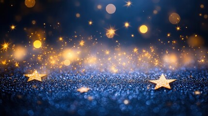 Sparkling Blue Glitter Background with Golden Stars and Bokeh Lights Festive Holiday Texture for Christmas, New Year, and Celebrations