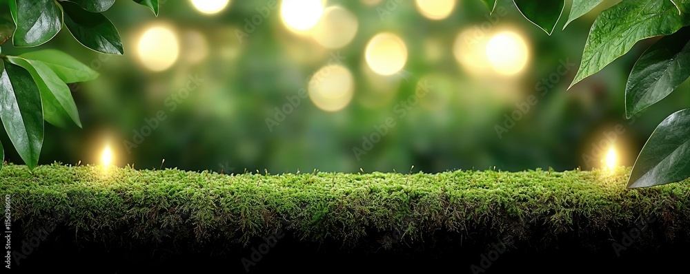 Aufkleber moss forest concept. lush green foliage with soft glowing lights creating a serene nature ambiance.