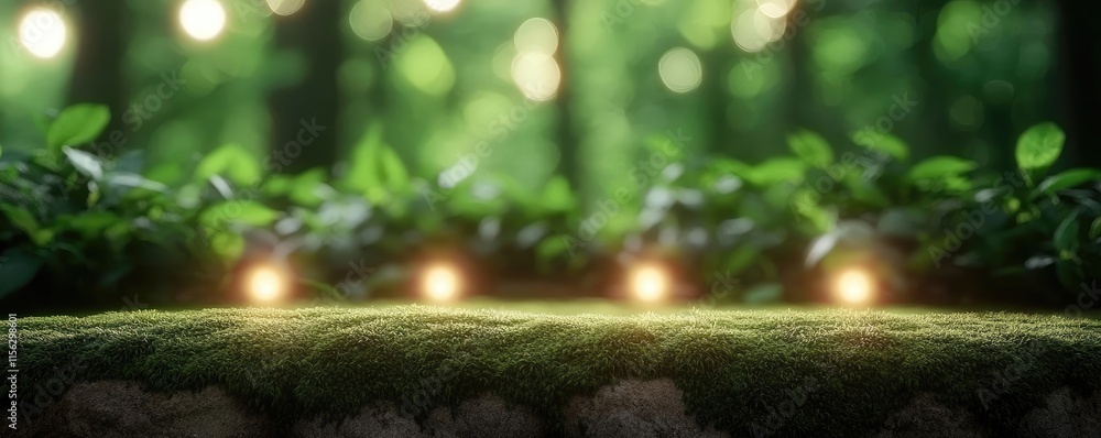 Aufkleber moss forest concept. lush greenery with glowing lights creating a serene, magical forest atmosphere.