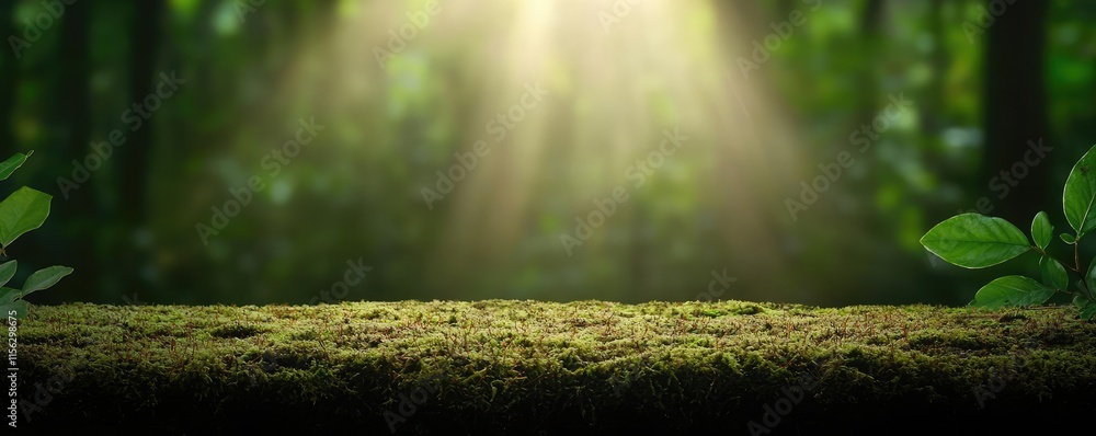 Poster moss forest concept. sunlight filters through trees, illuminating a serene forest scene with vibrant